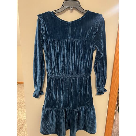Color Planet Dress Girls XL14/16 Blue Velvet Long Sleeve Tiered Ruffle Holiday - Picture 2 of 6